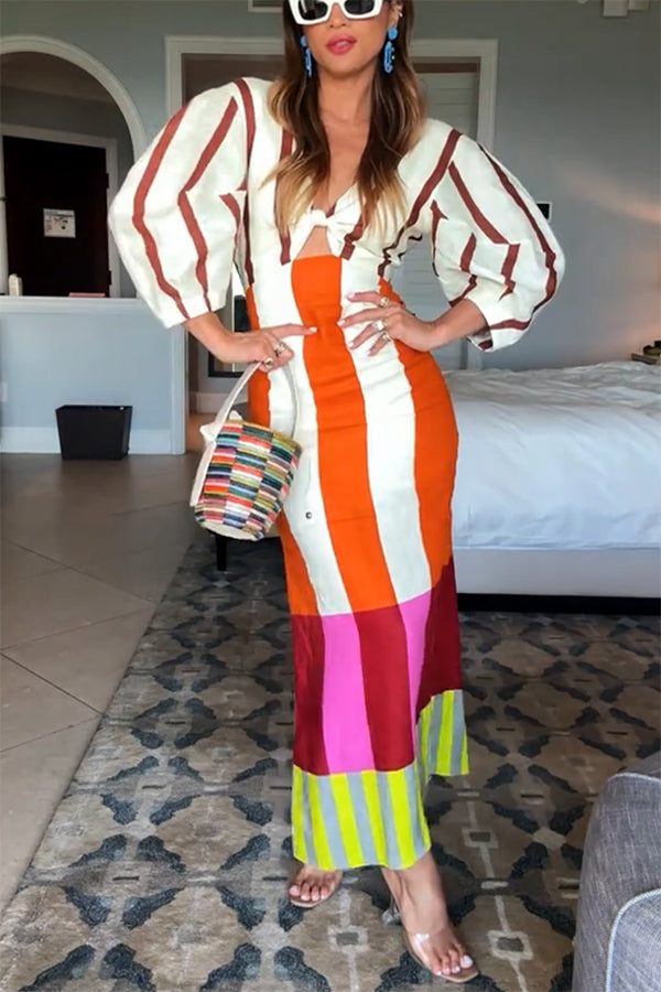 LIV | MAXI DRESS WITH FRONT KNOT AND COLOUR BLOCK PRINT