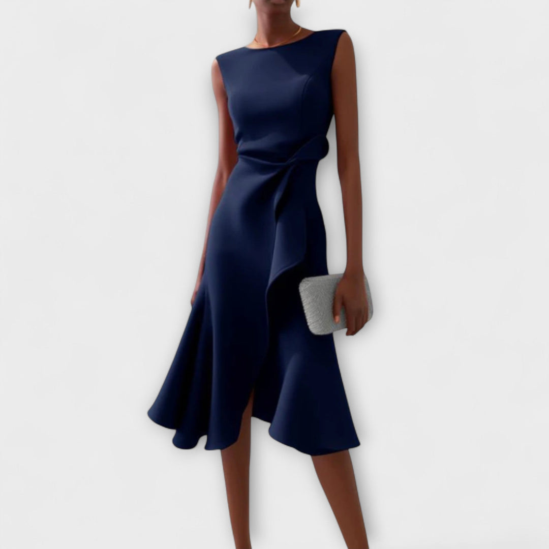RHIANN | DRAPED ASYMMETRIC MIDI DRESS