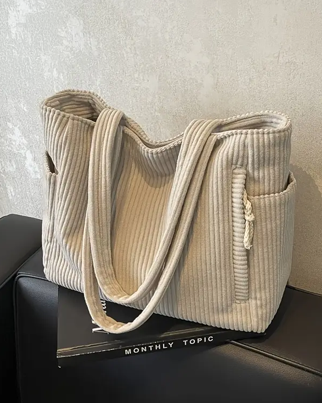 NIARA | RIBBED TOTE BAG WITH DRAWSTRING DETAIL