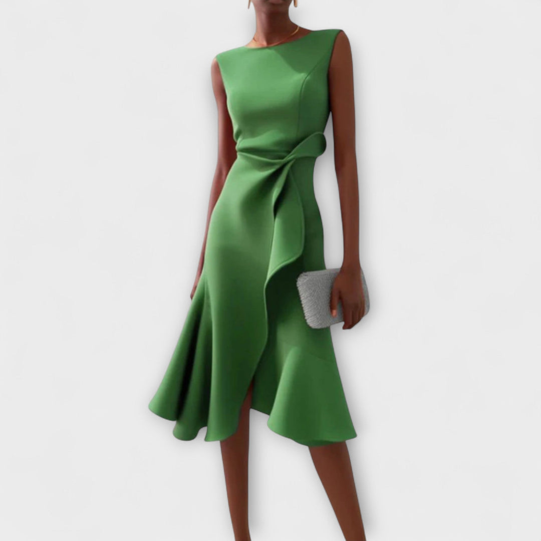 RHIANN | DRAPED ASYMMETRIC MIDI DRESS