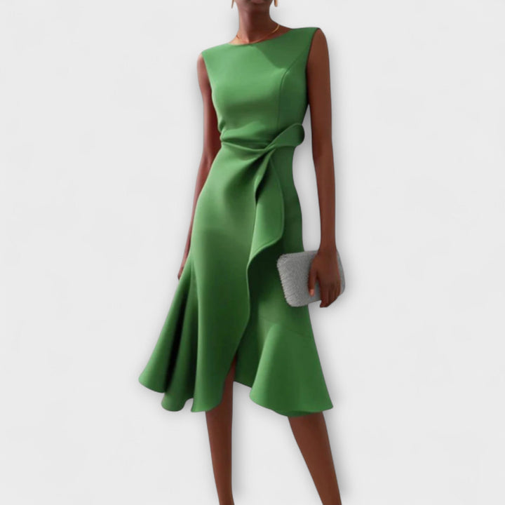 RHIANN | DRAPED ASYMMETRIC MIDI DRESS