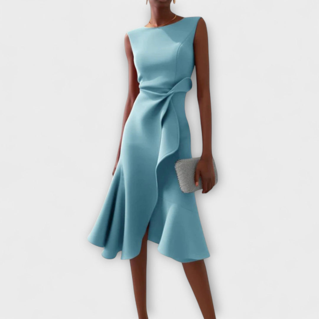 RHIANN | DRAPED ASYMMETRIC MIDI DRESS