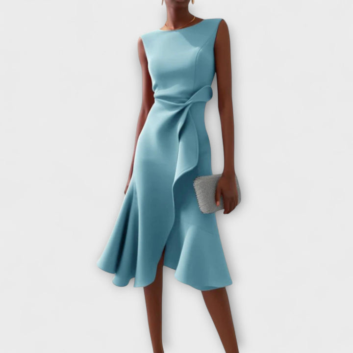 RHIANN | DRAPED ASYMMETRIC MIDI DRESS