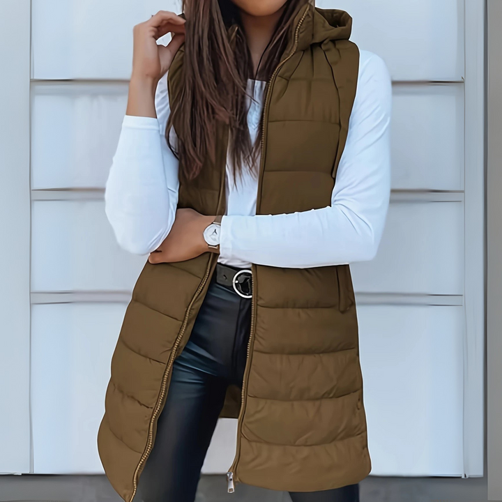 RIANNE | CASUAL SLEEVELESS HOOD LONG PUFFER VEST