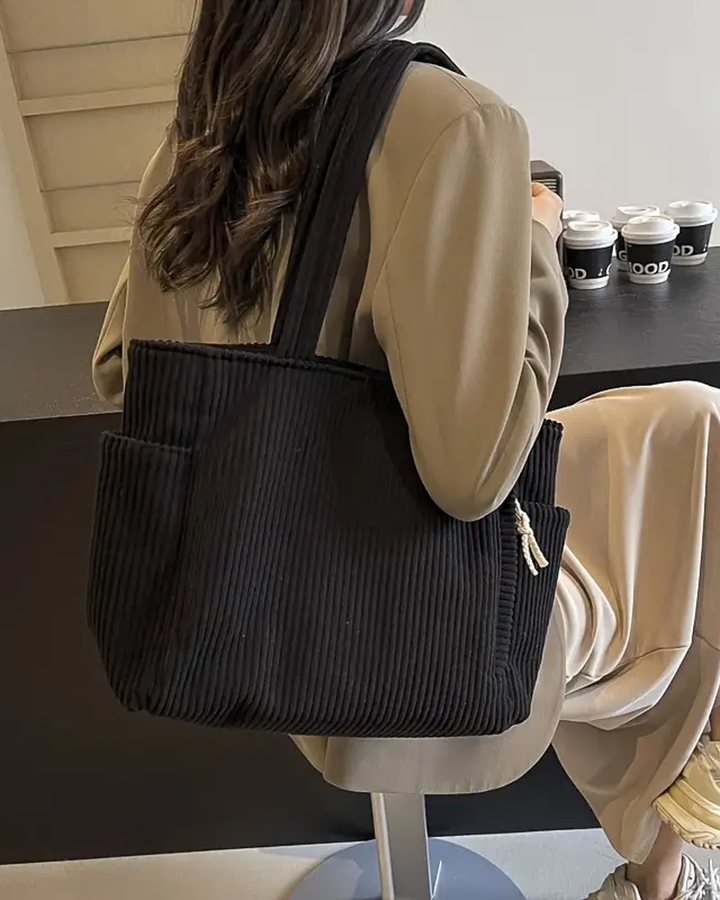NIARA | RIBBED TOTE BAG WITH DRAWSTRING DETAIL