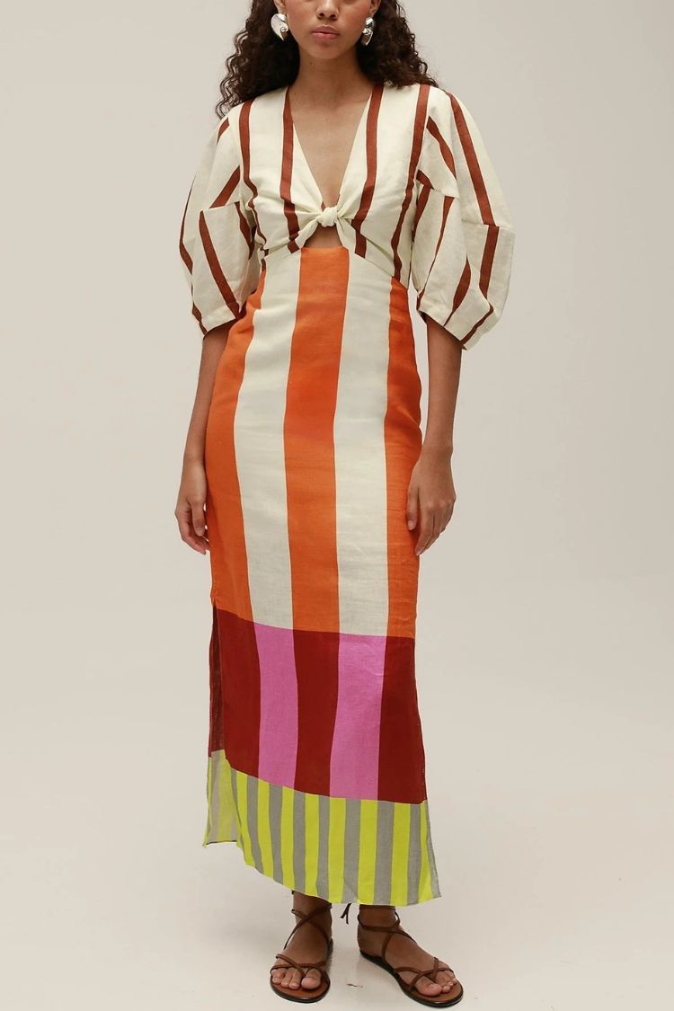 LIV | MAXI DRESS WITH FRONT KNOT AND COLOUR BLOCK PRINT